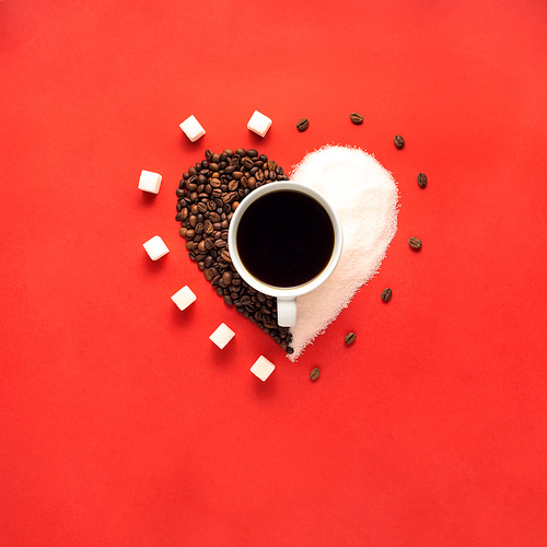 Creative concept still life valentine day holiday photo of espresso coffee cup mug drink beverage with heart made of beans seeds and sugar on red background.