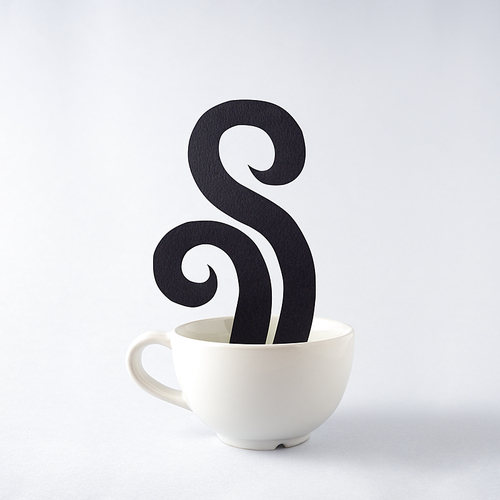 Creative concept still life photo of espresso coffee cup mug drink beverage with aroma flavour steam smoke made of paper on grey background.