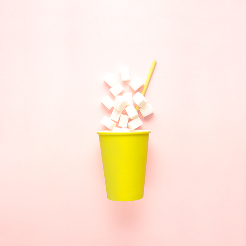 Creative concept still life food diet health photo of take away drink beverage cup full of sugar with straw on pink background.