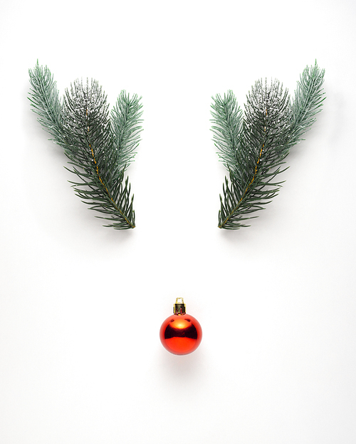 Creative concept still life holiday photo of pine tree branches and Christmas toy ball in the shape of deer head on white background.