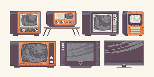 A collection of vintage and modern TVs. Vector illustration, set of icons with hand drawn vector texture.