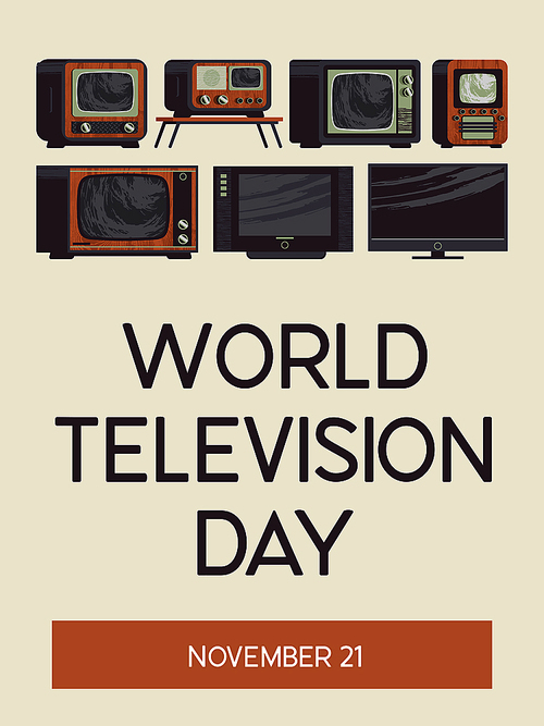 World television day. November 21. Vector illustration, poster, greeting card, banner in retro style. Collection of old vintage and modern TVs