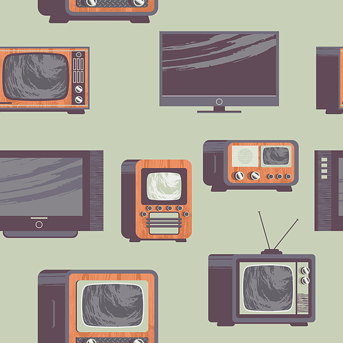 Seamless pattern in vintage retro style. Collection of old vintage and modern TVs.