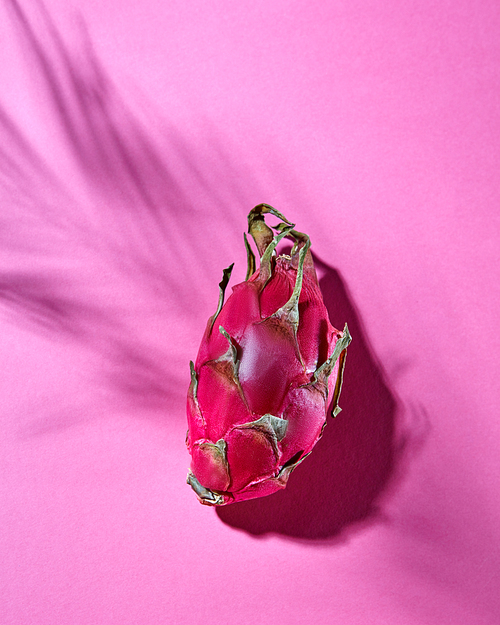 A ripe tropical fruit of the Pitahaya represented on a pink background with a pattern from the shadows. Top view