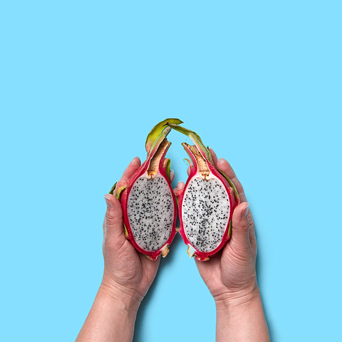 Halves of an organic exotic fruit pitahaya hold the woman's hands on a blue background with space for text. Flat lay