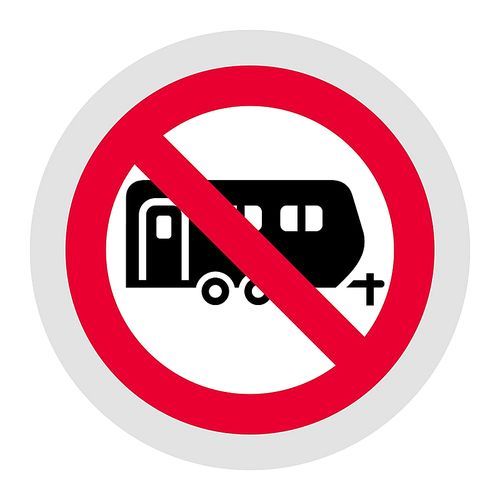 No camping cars and caravans forbidden sign, modern round sticker, vector illustration for your design