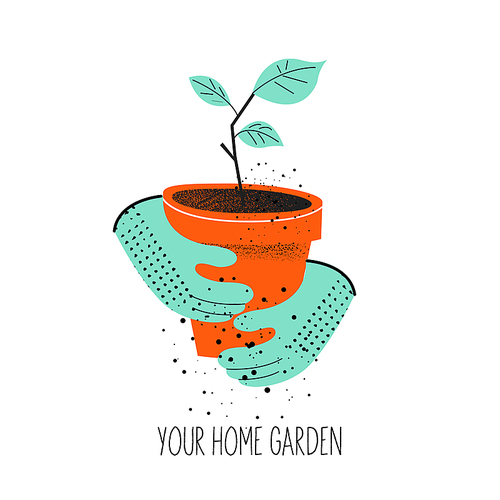 Gloved hands hold a pot with a seedling. Home floriculture. Vector illustration with vintage textures on a white background.