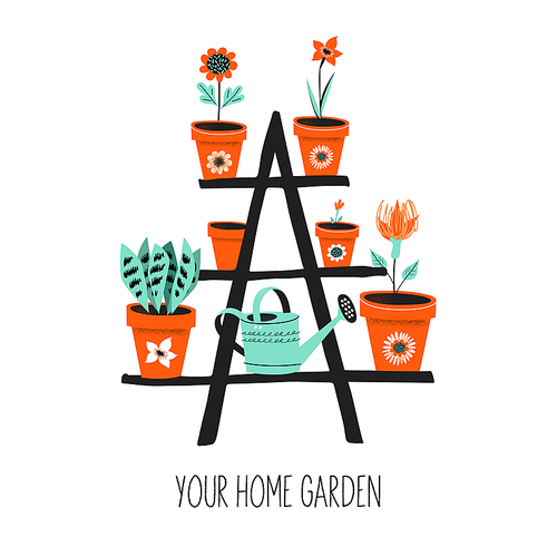 Flower stand with flower pots. Vector hand drawn illustration with vintage textures on a white background.