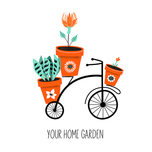 Flower stand in the shape of a Bicycle with flower pots. Vector hand drawn illustration with vintage textures on a white background.