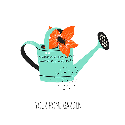 Garden watering can and flower. Vector hand drawn unique illustration with beautiful vintage textures on a white background