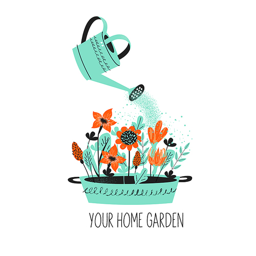 Gardening.Floriculture. Different garden flowers in a large basin. Garden watering can watering flowers. Vector illustration with vintage textures.