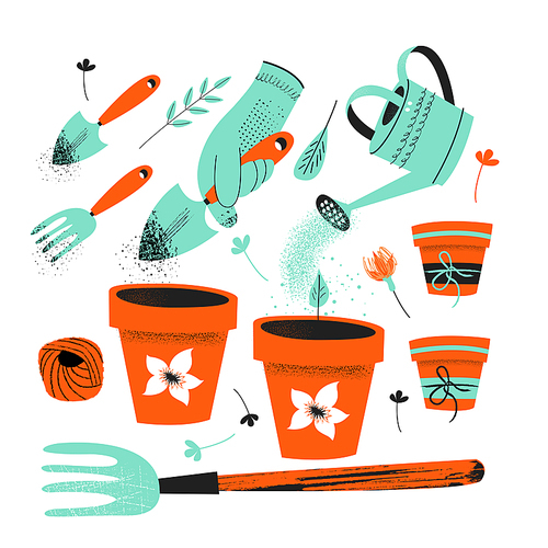 A set of tools for the gardener. Flower pots, seedlings, shovel, garden watering can. Flat vector illustration with vintage textures.