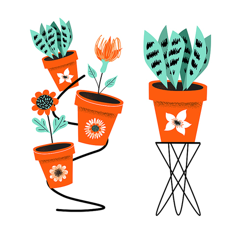 Floriculture. Set of flower pots on flower stands. Vector illustration with vintage textures on a white background.