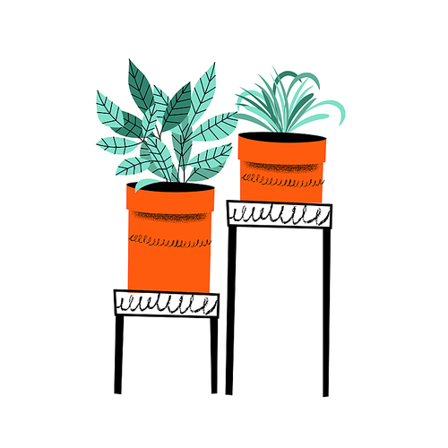Floriculture. Set of flower pots on flower stands. Vector illustration with vintage textures on a white background.