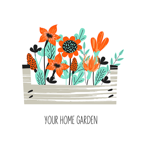 Floriculture, gardening. Different flowers in the box. Vector illustration with vintage textures on a white background.