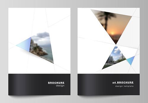 The vector layout of A4 format modern cover mockups design templates for brochure, magazine, flyer, booklet, report. Creative modern background with blue triangles and triangular shapes. Simple design.