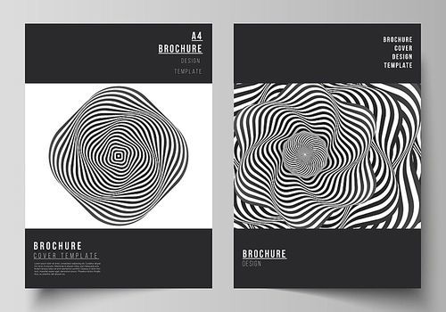 Vector layout of A4 format modern cover mockups design templates for brochure, magazine, flyer, booklet, report. Abstract 3D geometrical background with optical illusion black and white design pattern.