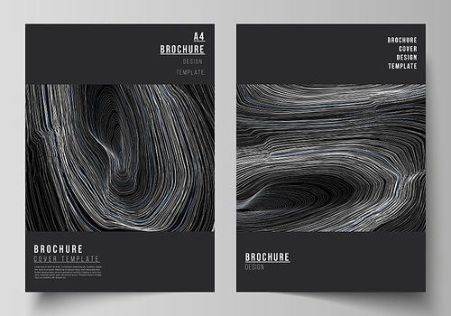 The vector layout of A4 format modern cover mockups design templates for brochure, magazine, flyer, booklet, annual report. Smooth smoke wave, hi-tech concept black color techno background
