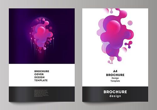 The vector layout of A4 format modern cover mockups design templates for brochure, magazine, flyer, booklet, annual report. Black background with fluid gradient, liquid pink colored geometric element
