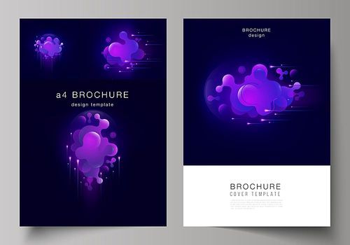The vector layout of A4 format modern cover mockups design templates for brochure, magazine, flyer, booklet, annual report. Black background with fluid gradient, liquid blue colored geometric element