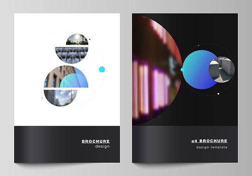 Vector layout of A4 format modern cover mockups design templates for brochure, flyer, booklet. Simple design futuristic concept. Creative background with circles that form planets and stars