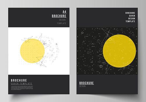 The vector layout of A4 format modern cover mockups design templates for brochure, flyer, annual report. Science or technology 3d background with dynamic particles. Chemistry and science concept.