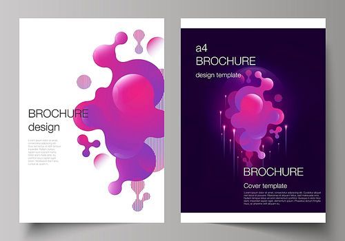 The vector layout of A4 format modern cover mockups design templates for brochure, magazine, flyer, booklet, annual report. Black background with fluid gradient, liquid pink colored geometric element