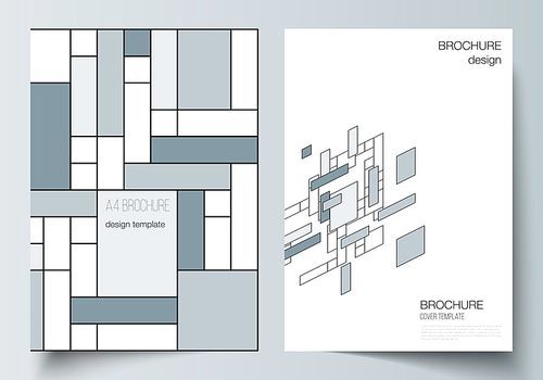 The vector layout of A4 format modern cover mockups design templates for brochure, flyer, booklet, annual report. Abstract polygonal background, colorful mosaic pattern, retro bauhaus de stijl design