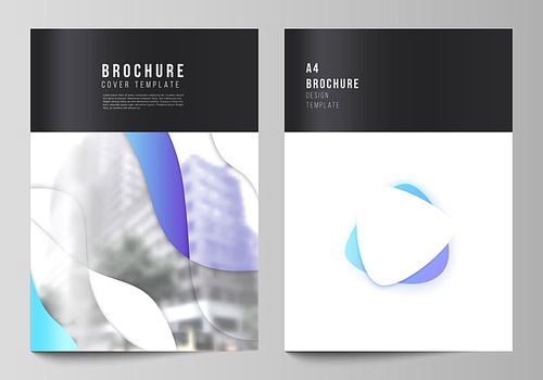 Vector layout of A4 format modern cover mockups design templates for brochure, magazine, flyer, booklet, annual report. Blue color gradient abstract dynamic shapes, colorful geometric template design