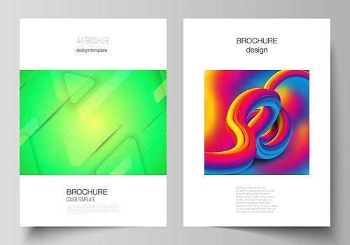 Vector layout of A4 format modern cover mockups design templates for brochure, magazine, flyer, booklet. Futuristic technology design, colorful backgrounds with fluid gradient shapes composition