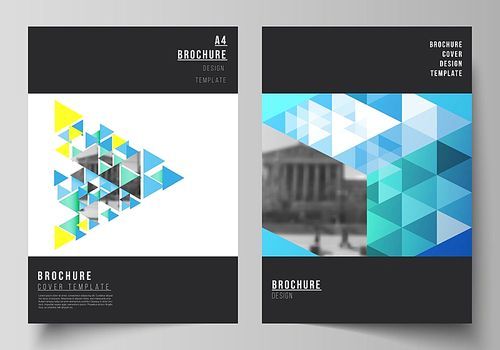 The vector layout of A4 format modern cover mockups design templates for brochure, magazine, flyer, booklet, annual report. Blue color polygonal background with triangles, colorful mosaic pattern