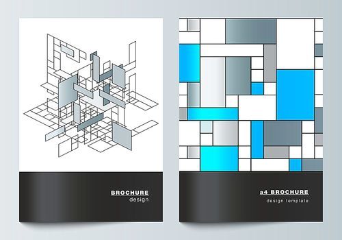 The vector layout of A4 format modern cover mockups design templates for brochure, flyer, booklet, annual report. Abstract polygonal background, colorful mosaic pattern, retro bauhaus de stijl design