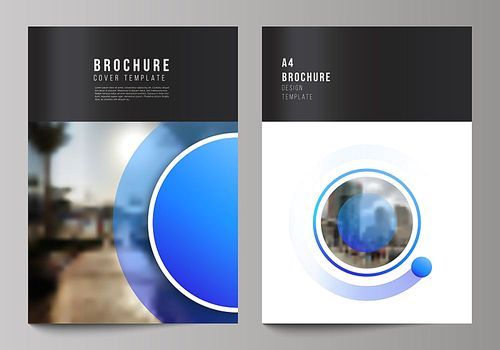 The vector layout of A4 format modern cover mockups design templates for brochure, magazine, flyer, booklet, annual report. Creative modern blue background with circles and round shapes