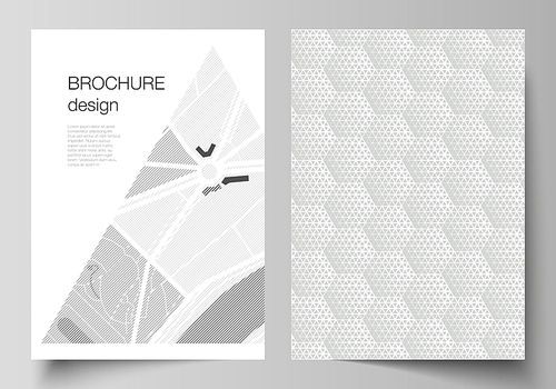 Vector layout of A4 format modern cover mockups design templates for brochure, magazine, flyer, booklet, report. Abstract geometric triangle design background using different triangular style patterns.