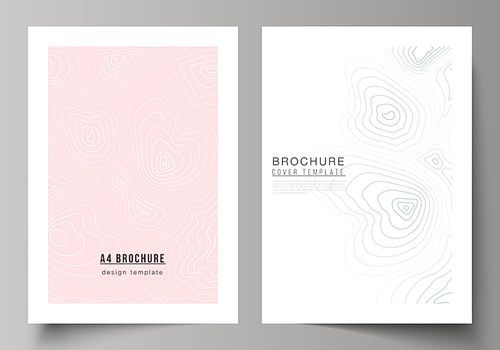 The vector layout of A4 format modern cover mockups design templates for brochure, magazine, flyer, booklet, annual report. Topographic contour map, abstract monochrome background
