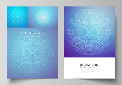 Vector layout of A4 format modern cover mockup design templates for brochure, magazine, flyer, booklet, report. Big Data Visualization, geometric communication background with connected lines and dots.