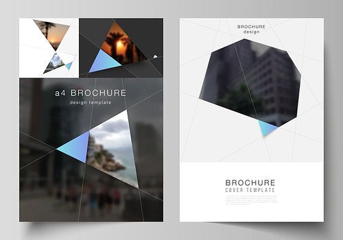 The vector layout of A4 format modern cover mockups design templates for brochure, magazine, flyer, booklet, report. Creative modern background with blue triangles and triangular shapes. Simple design.