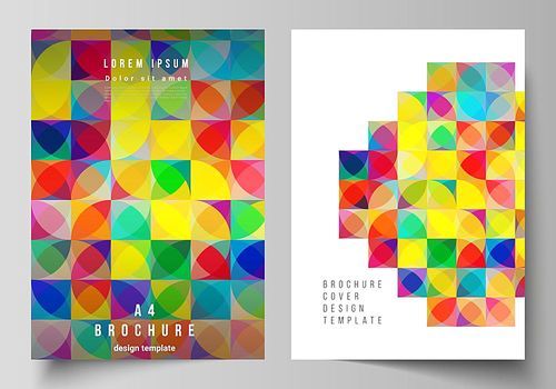 Vector layout of A4 format modern cover mockups design templates for brochure, magazine, flyer, booklet, report. Abstract background, geometric mosaic pattern with bright circles, geometric shapes