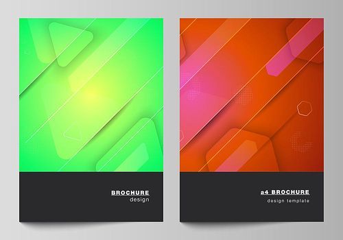 Vector layout of A4 format modern cover mockups design templates for brochure, magazine, flyer, booklet. Futuristic technology design, colorful backgrounds with fluid gradient shapes composition