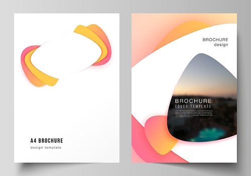 The vector layout of A4 format modern cover mockups design templates for brochure, magazine, flyer, booklet, report. Yellow color gradient abstract dynamic shapes, colorful geometric template design