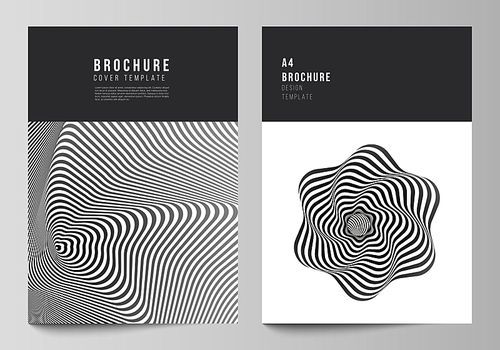 Vector layout of A4 format modern cover mockups design templates for brochure, magazine, flyer, booklet, report. Abstract 3D geometrical background with optical illusion black and white design pattern.