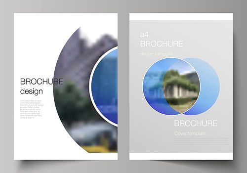 The vector layout of A4 format modern cover mockups design templates for brochure, magazine, flyer, booklet, annual report. Creative modern blue background with circles and round shapes