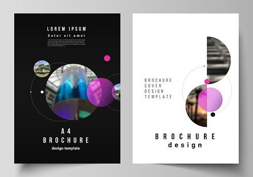 Vector layout of A4 format modern cover mockups design templates for brochure, flyer, booklet, report. Simple design futuristic concept. Creative background with circles that form planets and stars