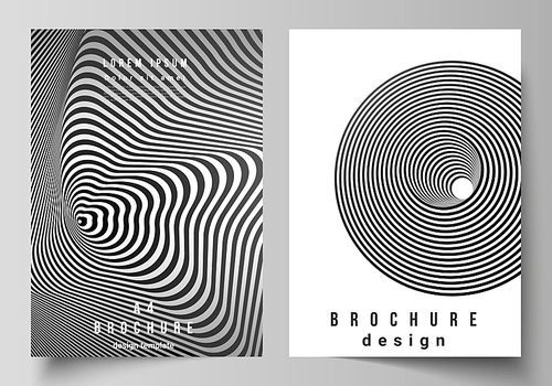 Vector layout of A4 format modern cover mockups design templates for brochure, magazine, flyer, booklet, report. Abstract 3D geometrical background with optical illusion black and white design pattern.