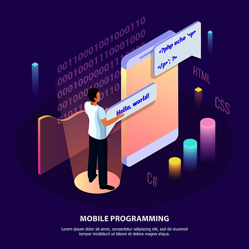 Freelance programming isometric background composition with human character and interactive interface with infographic icons and text vector illustration