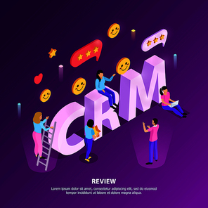 CRM customer review with ranking and loyalty elements on purple background with typographic lettering isometric vector illustration