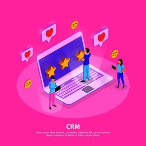 CRM system composition with customers laptop elements of loyalty and rating on pink background isometric vector illustration
