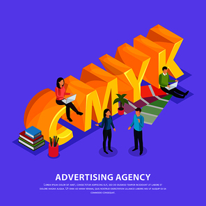 Staff of advertising agency during work near yellow inscription cmyk isometric composition on violet background vector illustration