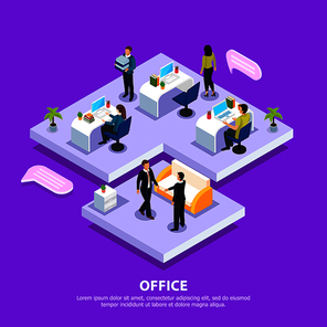 Office staff at work places and during business meeting isometric composition on purple background vector illustration