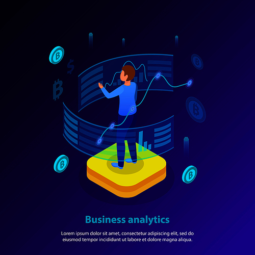 Business analytics glow isometric background poster with interactive data organization and analysis finance currency symbols vector illustration